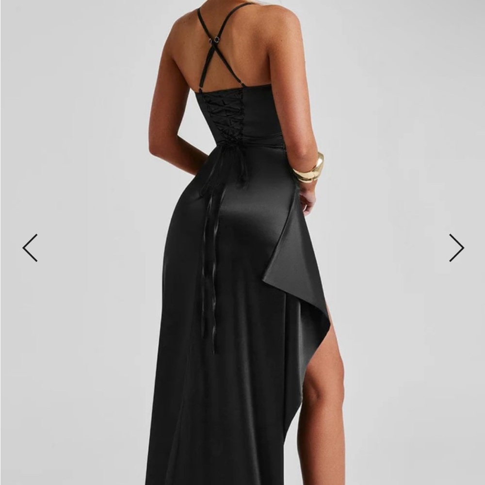 Black Asymmetrical Ruffled Gown with Spaghetti Straps